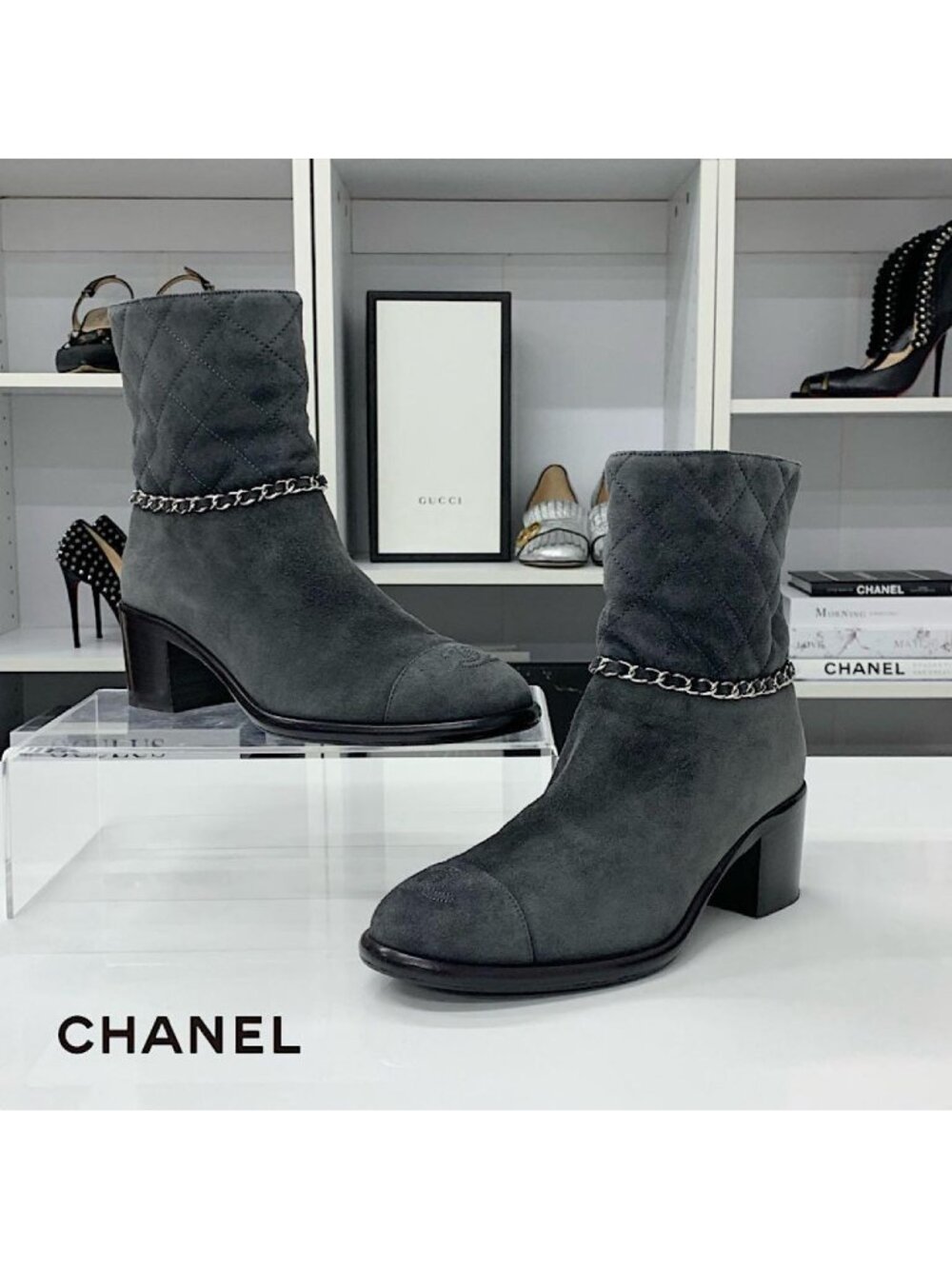 Chanel CC Logo Quilted Suede Chain Short Boots
